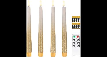 Fanna 4 Flameless LED Taper Candles with Timer in Real Wax, Battery Operated Rustic Metallic Dinner Candlesticks with Remote Control, 8 Batteries Included - H24.5cm - Sand Grey/Gold