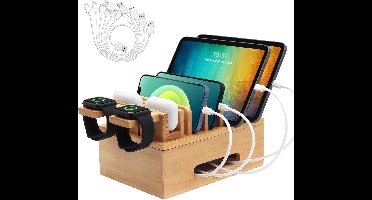 Houten Laadstation Organizer voor Meerdere Apparaten - Oplaaddoc voor Telefoons, Tablets, Horloges & Oortjes