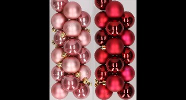 32x stuks kunststof kerstballen mix van oudroze en donkerrood 4 cm - Kerstversiering