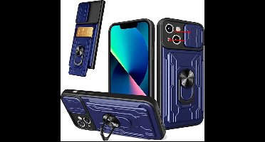 Hoesje Geschikt voor iPhone 13 met pashouder / Ringhouder / lens bescherming – Blauw