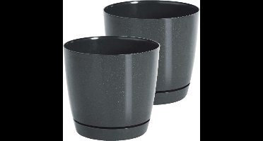 Prosperplast Plantenpot/bloempot met opvangschaal - Set van 2x stuks - kunststof - antraciet D18 x H17 cm - binnen/buiten