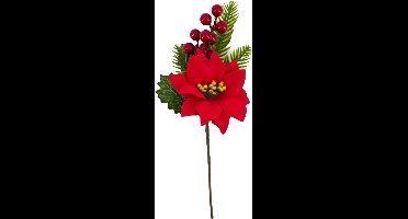 Gerimport Kerststukje stekertje - tak met hulst - bessen - kerstster - groen/rood - 26 cm - dennentak - kunsttak - versieren van kerstkrans/stukjes