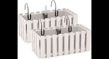 2x stuks fence-look plantenbak/bloembak - kunststof - 38 x 18 x 16 cm - wit - hangend - voor binnen en buiten