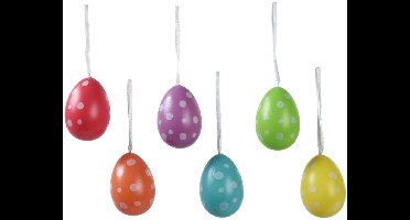 Decoris Decoratie Paaseieren met stippen - 6x stuks - kunststof - gekleurd - D4 x H6 cm - paasdecoraties - versiering paastakken