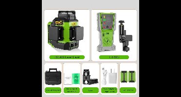 3D Kruislijnlaser – Laserwaterpas – Zelfnivellerend – Groene Laser – Waterpas – 12 Lijnen – IP54 Weerbestendig - met Ontvanger