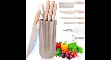 Messenset met Blok - Messensets met Messenblok - Koksmes - Keukenmessen Set - Super Scherp - Beige