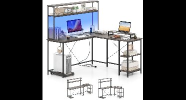 SureDeal® - L-Vormig Gaming Bureau met LED & Stopcontacten - Hout & Metaal - 145x145x147 cm - Grijs - Hoek Computerbureau