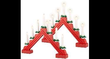 Lumineo Kaarsenbrug rood - 2x - hout - met LED verlichting - 7 led lampjes - 4,8 x 39,5 x 32 cm