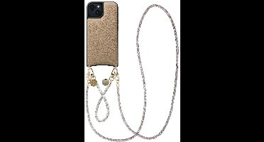 AVY Leren Hoesje geschikt voor Apple iPhone 13 / 14 | Compatibel met MagSafe | Leather Back Cover met Telefoonkoord Set | Polsband & Crossbody | Beige | Silver Spark Set