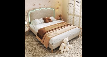 Polsterbed LED-140 x 200 cm - met lattenbodem - verstelbaar hoofdeinde - gestoffeerd in beige linnen - bedframe, jeugdbed, geschikt voor slaapkamer en gastenkamer