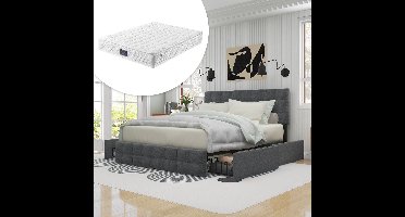 Polsterbed 140*200 cm met 4 laden, verenmatras, verstelbaar hoofdeinde, metalen lattenbodem en stof van linnenmateriaal