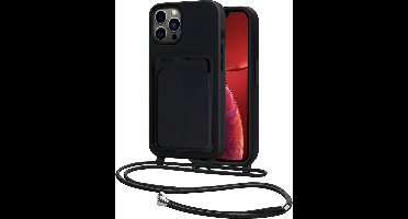 Hoes Geschikt voor iPhone 13 Pro Hoesje Pasjeshouder Cover Met Koord Case Siliconen Hoes Met Telefoonkoord en Kaarthouder - Zwart