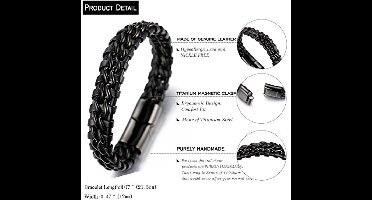 HALUKAKAH ● Solo Zilver/Eer Goud/Nachtwacht Zwart ● Mannen Echt Leder Armband Titanium Dubbele Ketting Magnetische Sluiting 21.5-23cm met Gratis Geschenkdoos