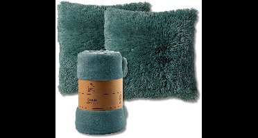 Dutch Decor - VOORDEELSET - 3-delig - Fluffy & Owen - 2 sierkussens 45x45 cm - 1 plaid 130x160 cm - groen
