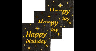 Paperdreams Verjaardag feest servetten - Happy Birthday - 48x stuks - zwart/goud - 33 x 33 cm