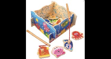 Magnetisch Visspel - Educatief spel - Houten Speelgoed Bino 2 hengels en 12 zee dieren