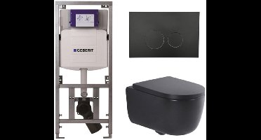 QeramiQ Dely Swirl Toiletset - 36.3x51.7cm - Geberit UP320 inbouwreservoir - met Burda frame - 35mm zitting - mat zwarte bedieningsplaat - ronde knoppen - mat zwart