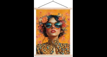 Posterhanger incl. Poster 60x80 cm - Schoolplaat - Vrouw - Bloemen - Aesthetic - Oranje - Textielposter - Blanke latten