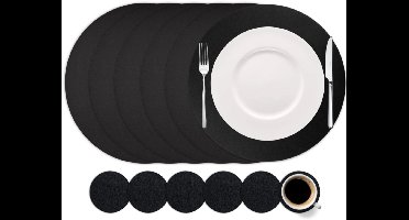 Cookinglife Vegan Lederlook Placemat Set - Ronde Placemats & Onderzetters Voor 6 - Kunstleer - Zwart - Dubbelzijdig, Makkelijk Reinigbaar - 6 Placemats Ø38 cm + 6 Onderzetters Ø10 cm