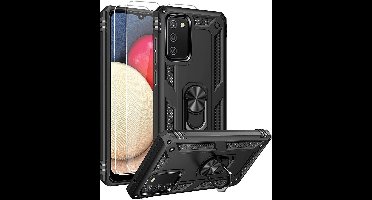 Hoesje Geschikt Voor Samsung Galaxy A02s Hoesje kickstand Armor met Ring houder TPU backcover hoesje - Zwart met Galaxy A02S screenprotector 2 pack