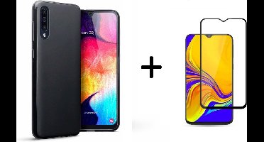 Ntech Hoesje Silicone Hoesje Flexible & Scratch Resistent TPU Case Hoesje Geschikt Voor Samsung Galaxy A50 - Zwart + Full Cover Glazen Screenprotector Zwart