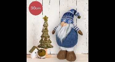 Blauwe handgemaakt Gnoom met gestreepte mouwen en figuurtjes op de muts - 30(45)cm