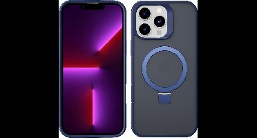 Hoesje Geschikt voor iPhone 13 Pro Magsafe hoesje Blauw - Mat Transparant hard case - Magnetic Ring Houder hoesje