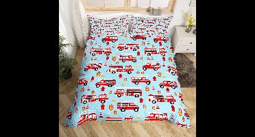 Boraboi ® Brandweerauto Dekbedovertrek Set voor Kinderkamer - 135x200 cm - Inclusief Kussensloop - Rood Voertuig Thema - Makkelijke Onderhoud - Ademend en Zacht