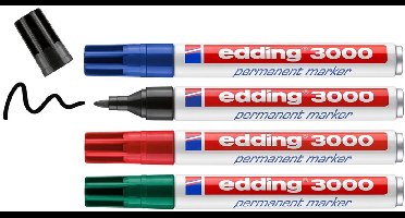 edding 3000 permanent marker - zwart, rood, blauw, groen - 4 stiften - ronde punt 1,5-3 mm - water en wrijfvast - voor karton, kunststof, hout, metaal, etc. - alcohol markers voor volwassenen