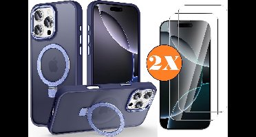 Hoesje Geschikt voor iPhone 16 Pro Max MagSafe Hoesje met Ring Stand Blauw - Hoesje MagSafe iPhone 16 Pro Max Screenprotector Gehard Glas 2X