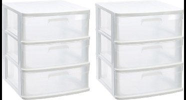 2x stuks ladeblok/bureau organizer met 3x lades wit/transparant - L40 x B39 x H39.5 cm - Opruimen/opbergen laatjes