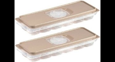 PlasticForte IJsblokjesvorm met deksel - 2x - 12 ijsklontjes - kunststof - beige - ijsblokjes maken