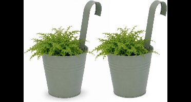Progarden Bloempotje met haak - 2x - plantenbak zink met ophanghaak - groen - 20 x 13 x 26 cm - ophangbaar - Balkon/schutting plantenpot