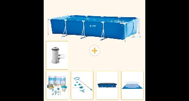 Intex Rechthoekig Frame Zwembad - 450 x 220 x 84 cm - Blauw - Inclusief Onderhoudspakket - Schoonmaakset - Afdekzeil - Grondzeil - Zwembadfilterpomp - 6-delig