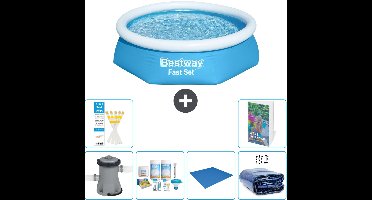 Bestway Rond Opblaasbaar Fast Set Zwembad - 244 x 61 cm - Blauw - Inclusief Pomp - Onderhoudspakket - Grondzeil - Solarzeil - 7-delig