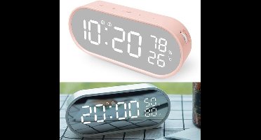 Digitale wekker met spiegel, wekker met groot led-display, instelbare helderheid, snooze-functie, vochtigheids- en temperatuurmeting voor ochtend en avond, USB Bureaudecoratie, Roze