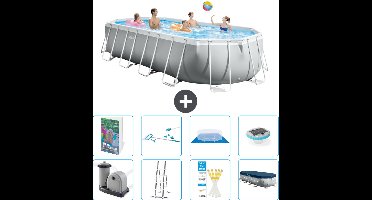 Intex Ovaal Prism Frame Zwembad - 610 x 305 x 122 cm - Grijs - Inclusief Pomp - Ladder - Grondzeil - Afdekzeil - Schoonmaakset - Verlichting - 9-delig
