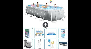 Intex Ovaal Prism Frame Zwembad - 610 x 305 x 122 cm - Grijs - Inclusief Pomp - Ladder - Grondzeil - Afdekzeil - Onderhoudspakket - Filter - 9-delig