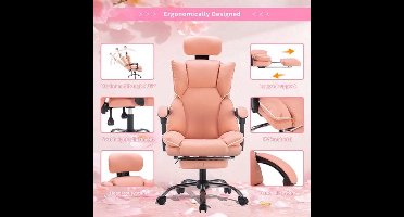 Gamingstoel – Gamestoel – Gaming Chair – Game Stoel – Bureaustoel – Verstelbare Voetensteun – Ergonomische Lendensteun – PU Kunstleer – Draaibaar – Roze