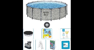 Bestway Rond Steel Pro MAX Zwembad - Steenprint - 488 x 122 cm - Inclusief Pomp - Ladder - Afdekzeil - Onderhoudspakket - Vloertegels - 8-delig