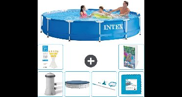 Intex Rond Frame Zwembad - 366 x 76 cm - Blauw - Inclusief Pomp Afdekzeil - Schoonmaakset - Vloertegels - 7-delig