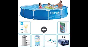 Intex Rond Frame Zwembad - 366 x 76 cm - Blauw - Inclusief Pomp Filter - Schoonmaakset - Solarzeil - 7-delig