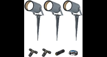 Set van 3 Spikey LED prikspots - GU10 4 Watt 345 Lumen - Dimbaar - Kantelbaar - 4000K neutraal wit - IP64 Waterdicht - Antraciet - Tuinspots - Pinspots - Inclusief installatiemateriaal (Kabel & connector)