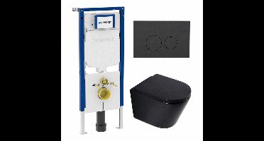QeramiQ Dely Toiletset - 36.3x51.7cm - diepspoel - rimless - Geberit UP720 inbouwreservoir - softclose toilet zitting 35 mm - bedieningsplaat mat antraciet - ronde knoppen - mat zwart