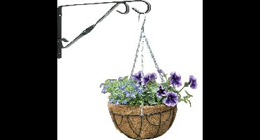 Hanging basket 25 cm groen met klassieke muurhaak donkergroen en kokos inlegvel - metaal - hangende bloempot set