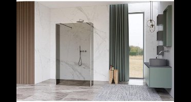 FugaFlow Eccelente Vetro Vrijstaande inloopdouche badkamer - 90x200cm - Helder - antikalk - 8mm veiligheidsglas - 2 zijwanden 30cm - met wandarmen en hoekprofielen - Chroom -