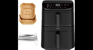 Cosori XXL Airfryer Turbo Tower - 10.8 liter inhoud - 2 manden apart in te stellen - 7 programma's - met 100 stuks bakpapier