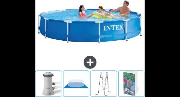 Intex Rond Frame Zwembad - 366 x 76 cm - Blauw - Inclusief Zwembadfilterpomp - Grondzeil - Ladder - Zwembadgids
