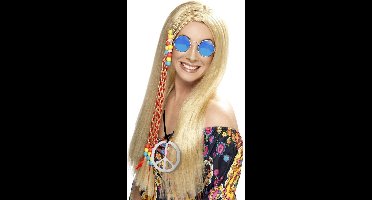 Dames Flower Power Hippie Sixties verkleed set blonde pruik en ronde blauwe bril en peace teken ketting