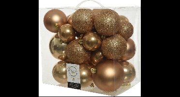 Decoris Kerstballen - 26x st - camel bruin - 6-8-10 cm - kunststof - kerstversiering